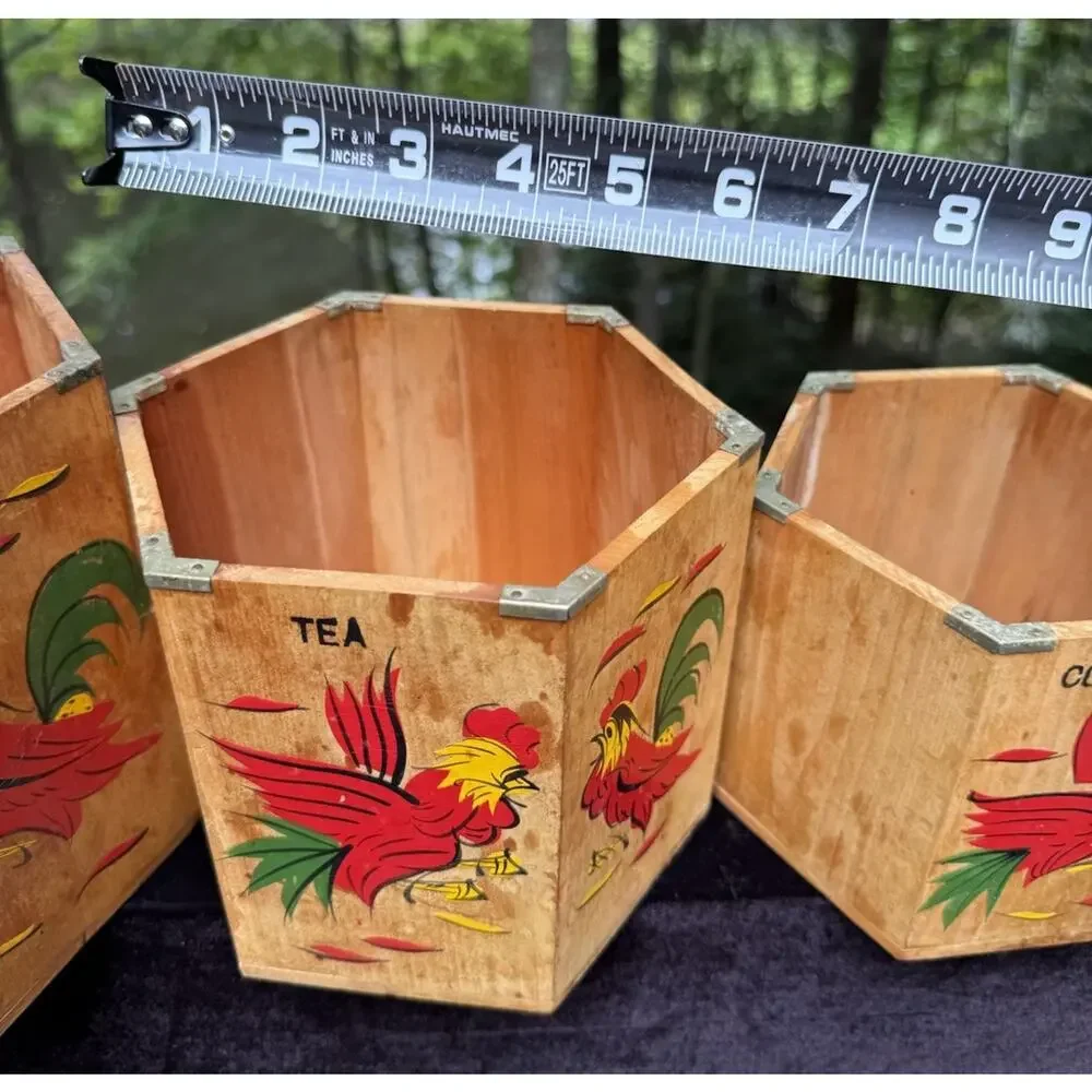 4 MCM 1960’s Japan Betson's Wood Rooster Hexagon 6-Sided Nesting Canisters